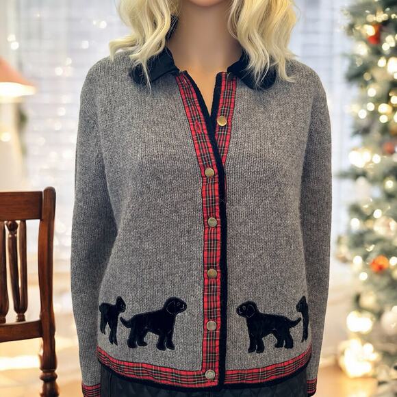 Orvis Sweater Gray Wool Dog Tartan Plaid Button Cardigan Small - Picture 2 of 9